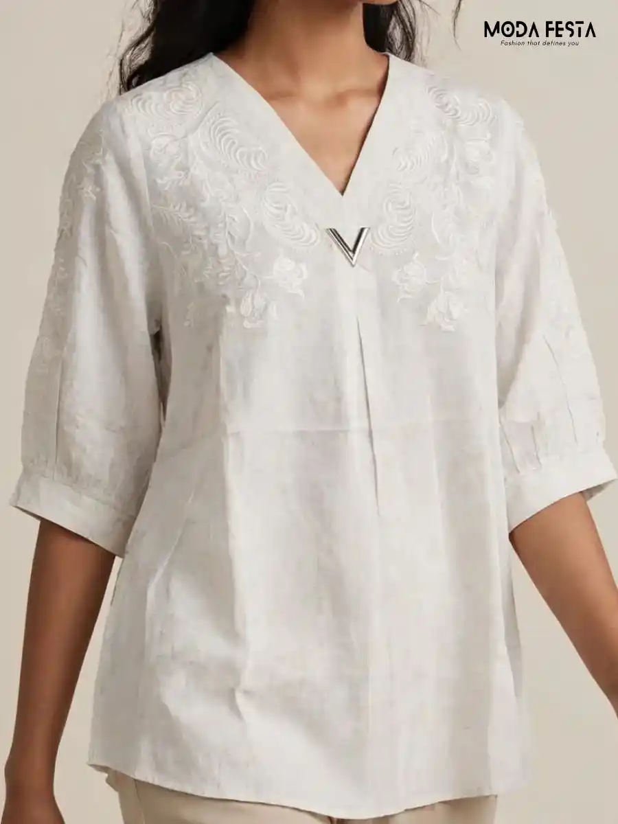 ModaFesta -white-embroidered-v-neck-top