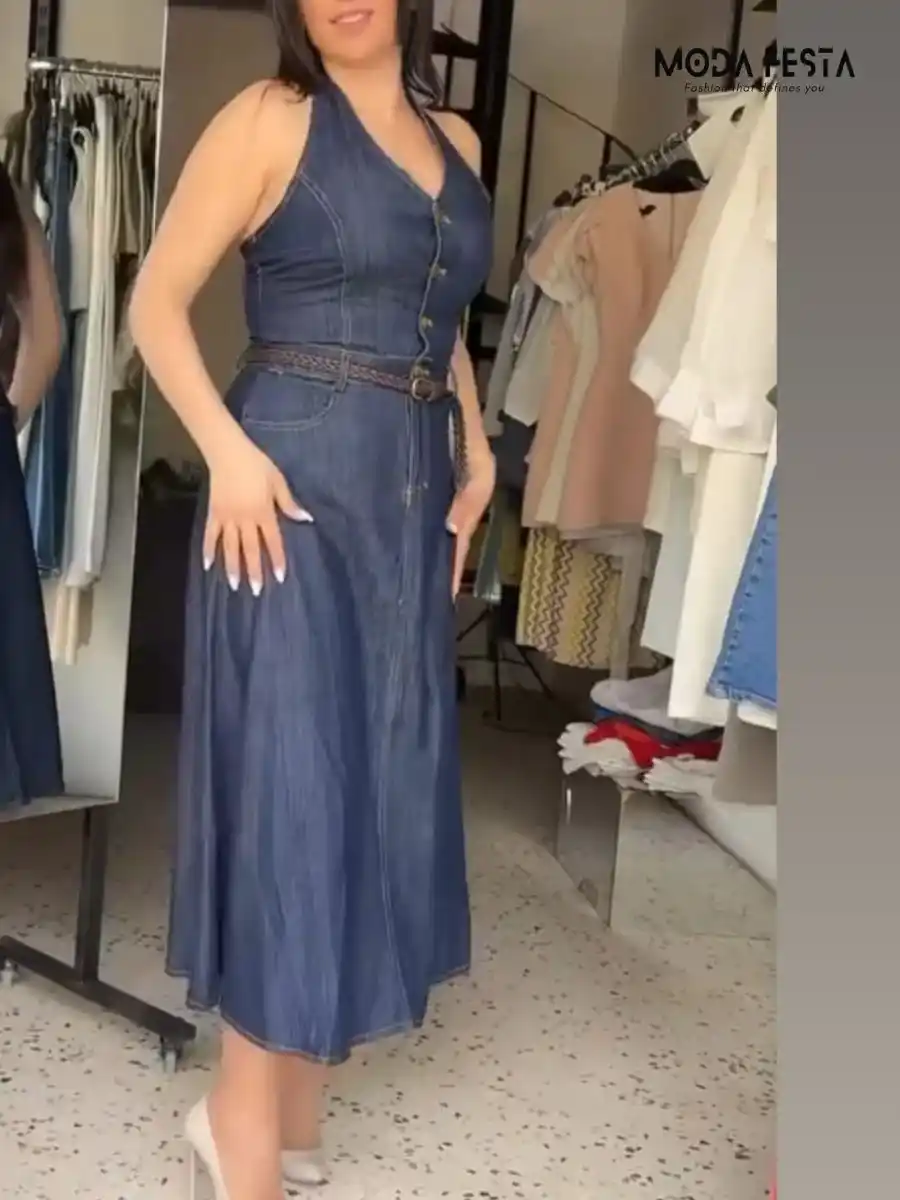 ModaFesta -halter-neck-denim-dress-with-belt-blue