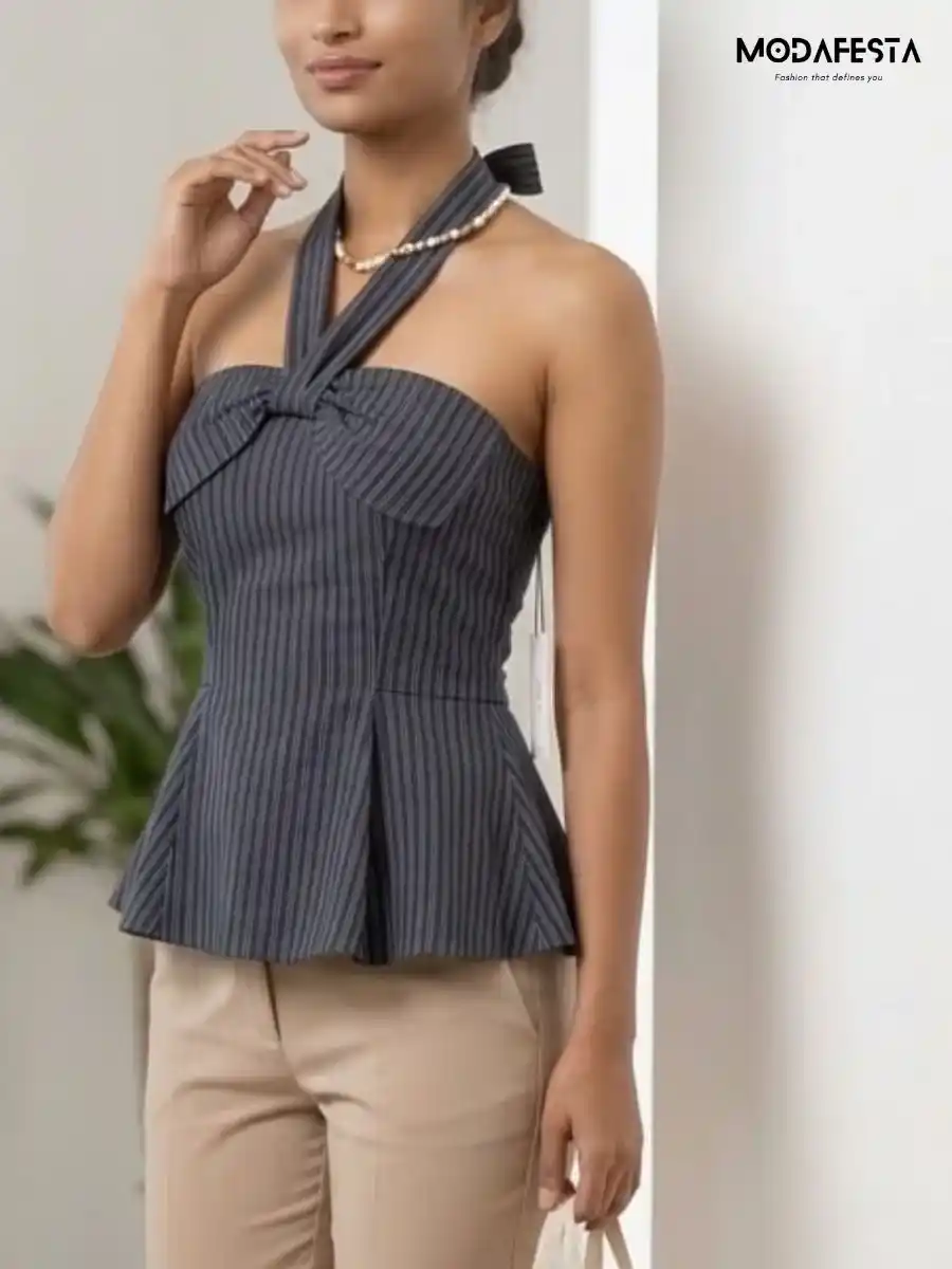 ModaFesta -elegant-stripe-halter-neck-top-navy-blue