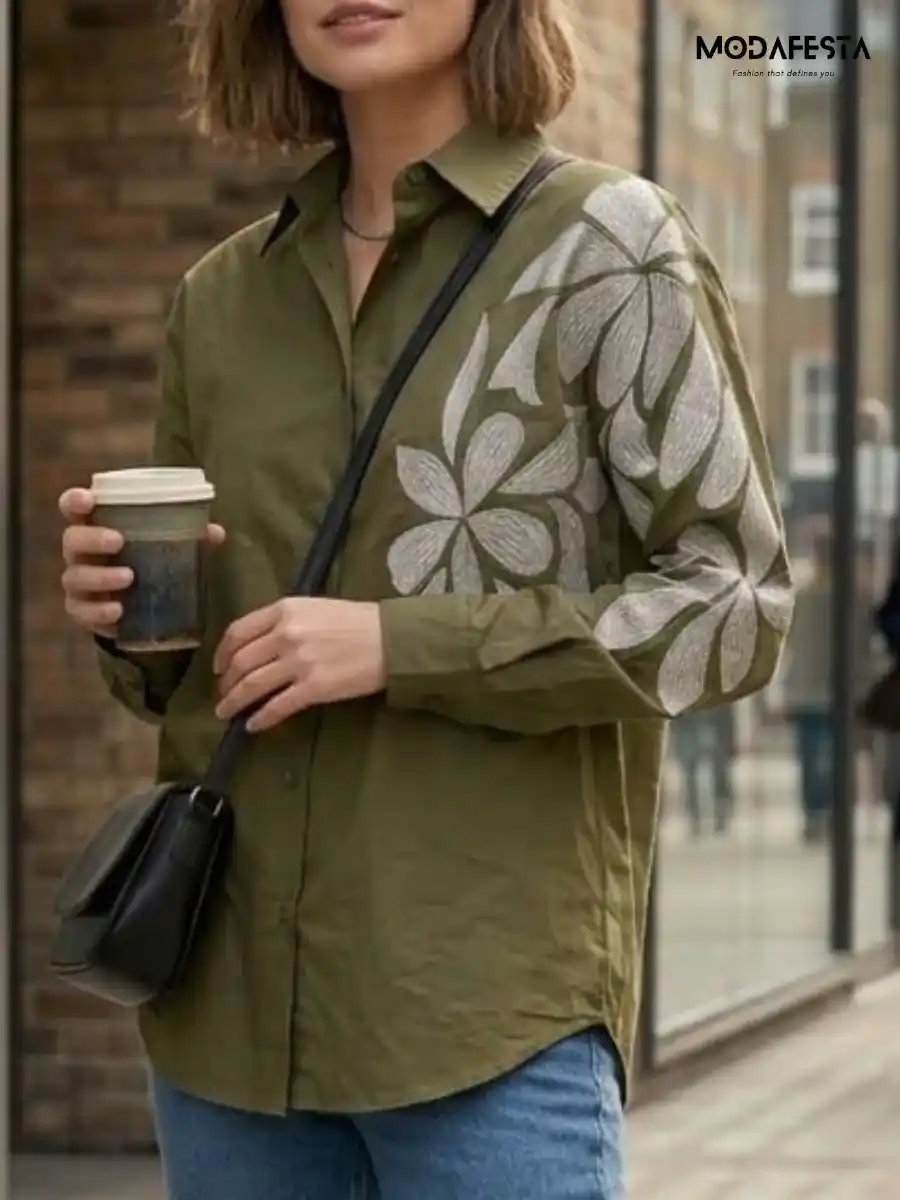 ModaFesta -elegant-floral-print-shirt-work-on-shoulder-olive-green