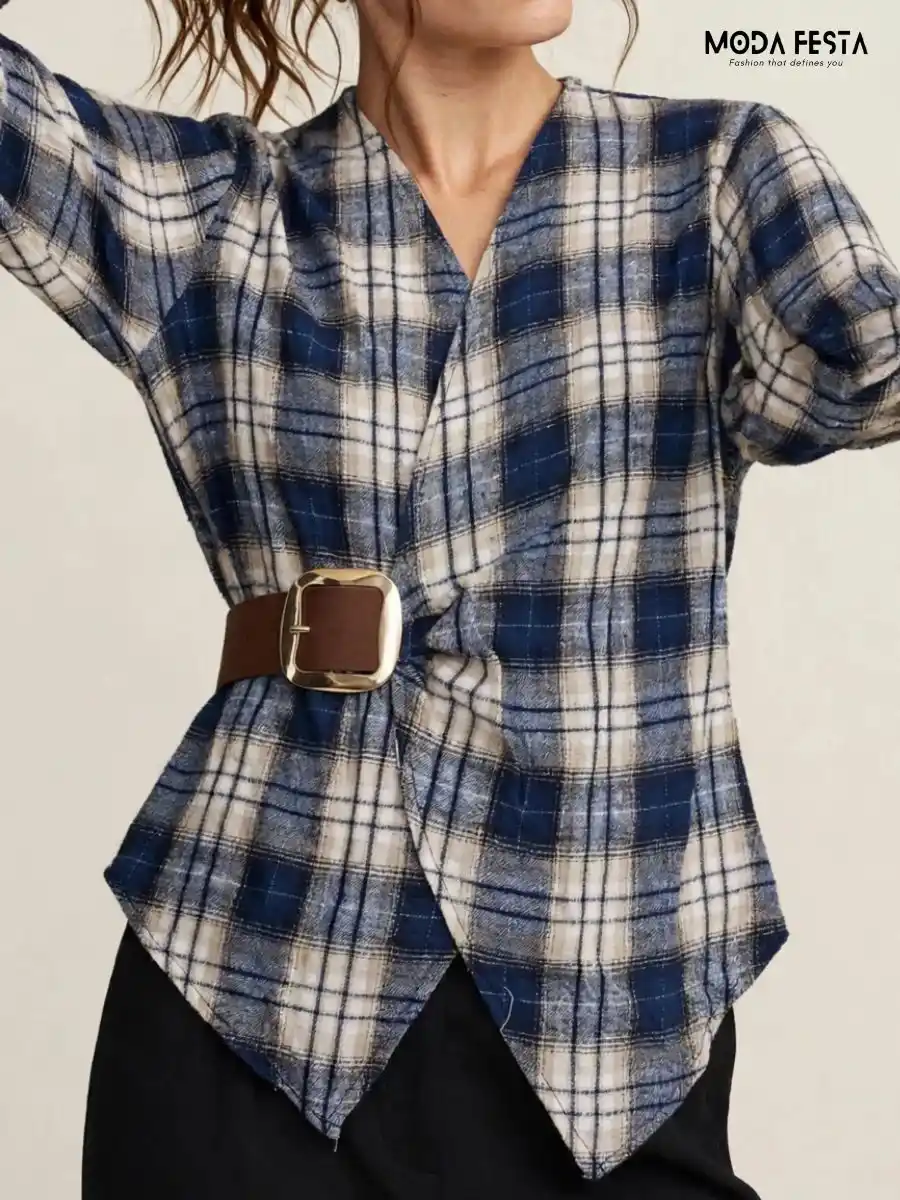 ModaFesta -belted-checked-wrap-top