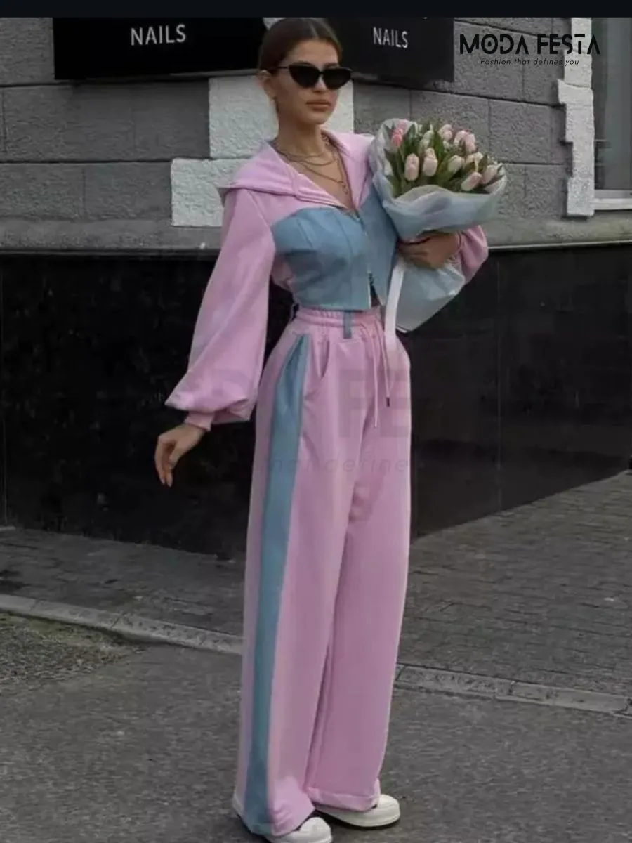 ModaFesta -denim-crop-hoodie-with-pant-pink