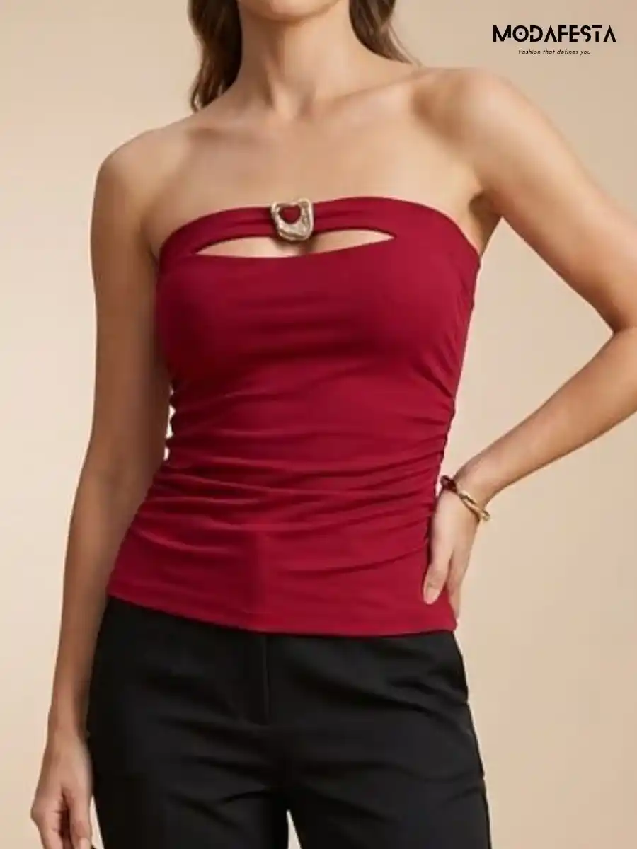 ModaFesta -elegant-buckle-cut-out-tube-top-red