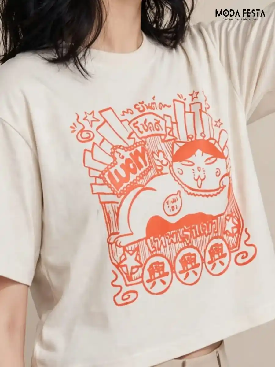 ModaFesta -orange-lucky-cat-graphic-print-crop-t-shirt
