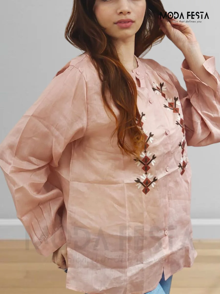 ModaFesta -embroidered-linen-top-pink-mid-lenght