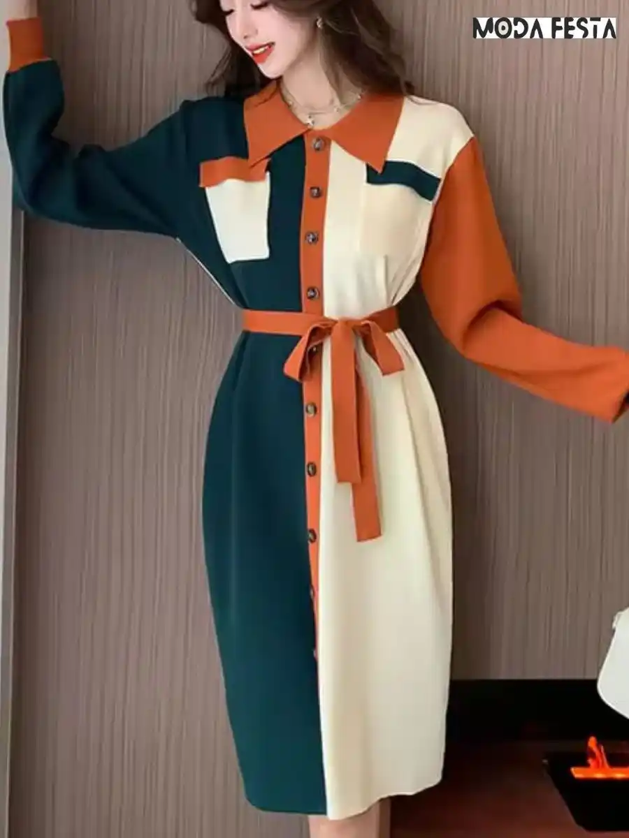 ModaFesta -knit-color-block-patchwork-dress-beige