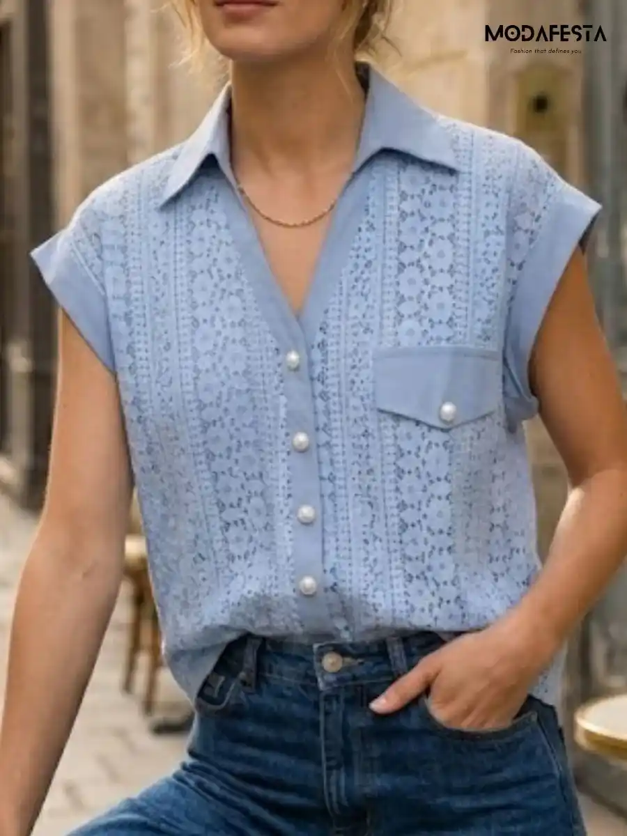 ModaFesta -elegant-floral-lace-shirt-sky-blue