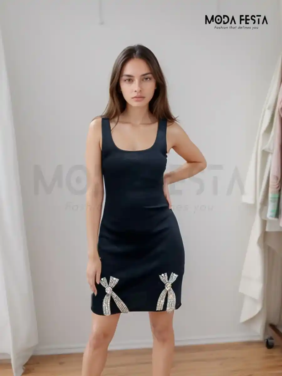 ModaFesta -rhinestone-bow-knit-black-dress