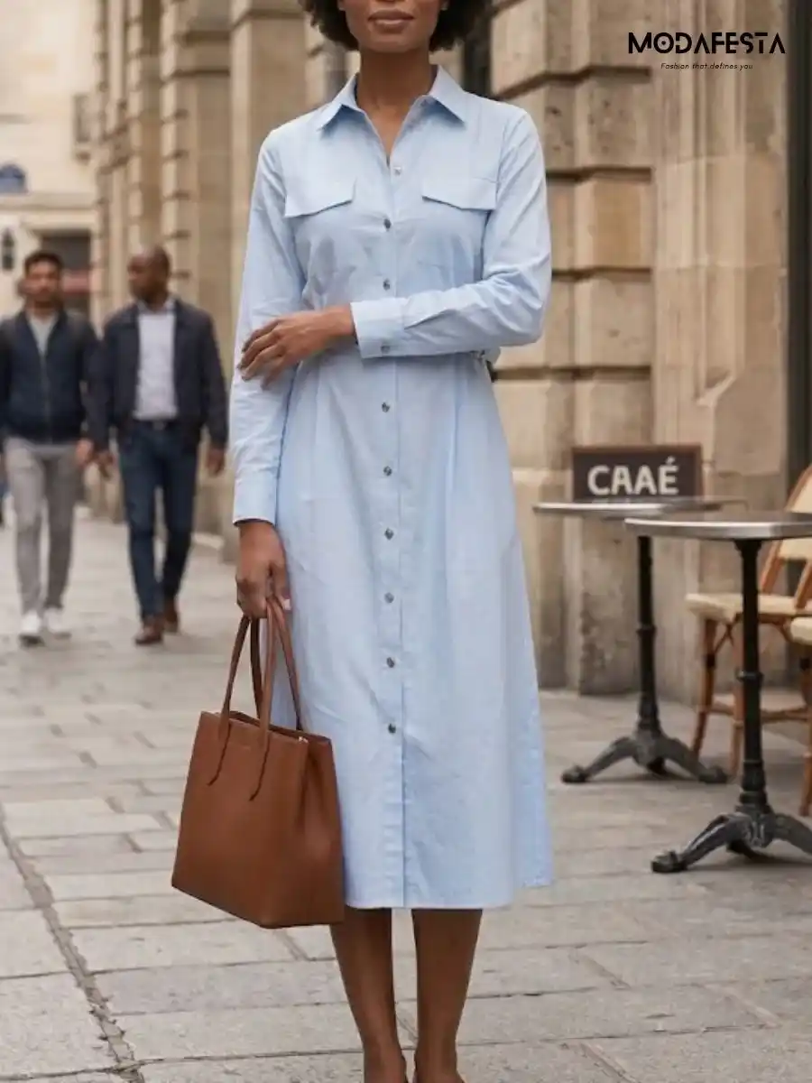 ModaFesta -elegant-cotton-dress-side-belt-style-sky-blue
