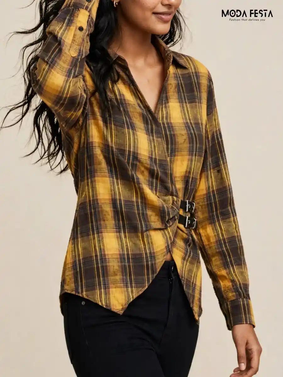 ModaFesta -yellow-and-black-plaid-wrap-style-casual-shirt