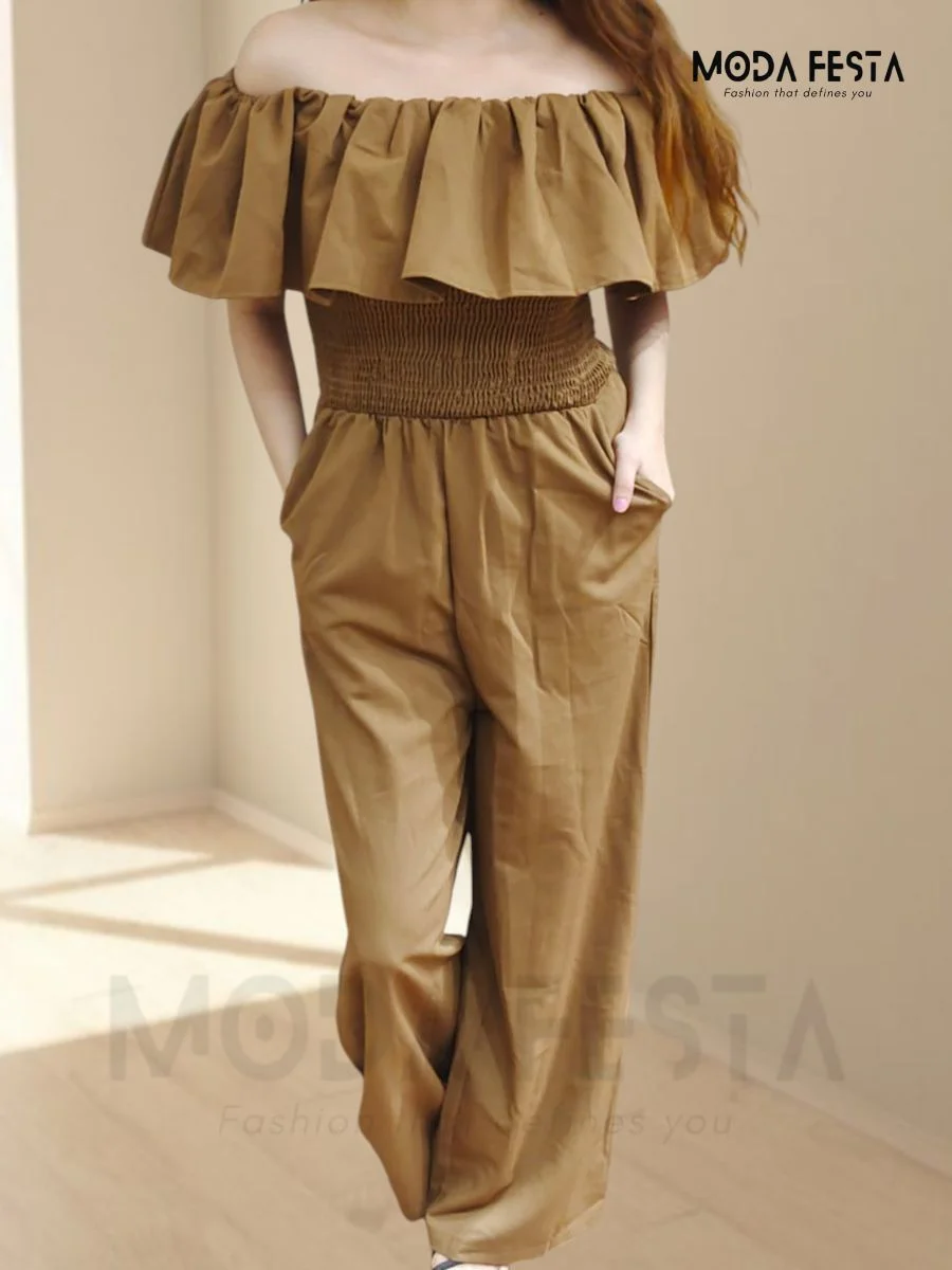 ModaFesta -off-shoulder-jumpsuit-brown