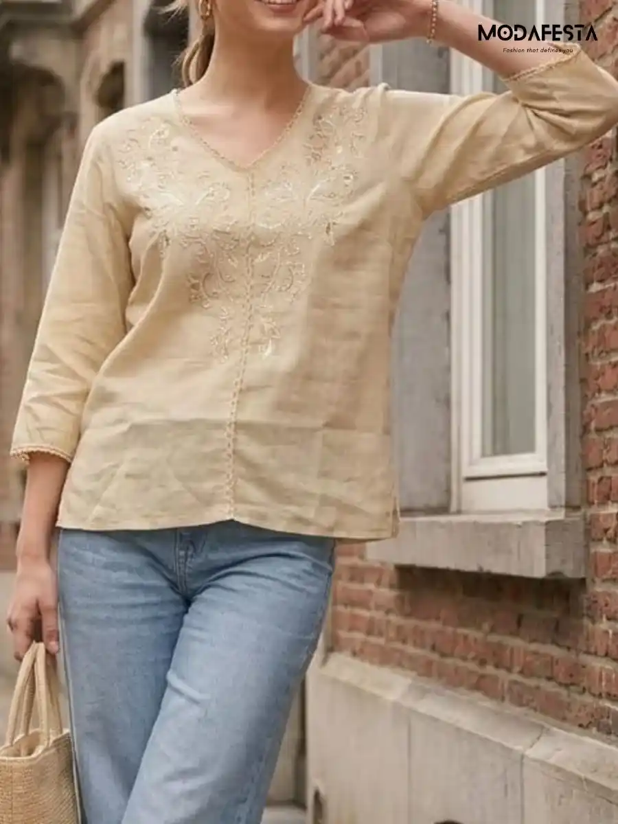 ModaFesta -elegant-beige-embroidered-a-line-top