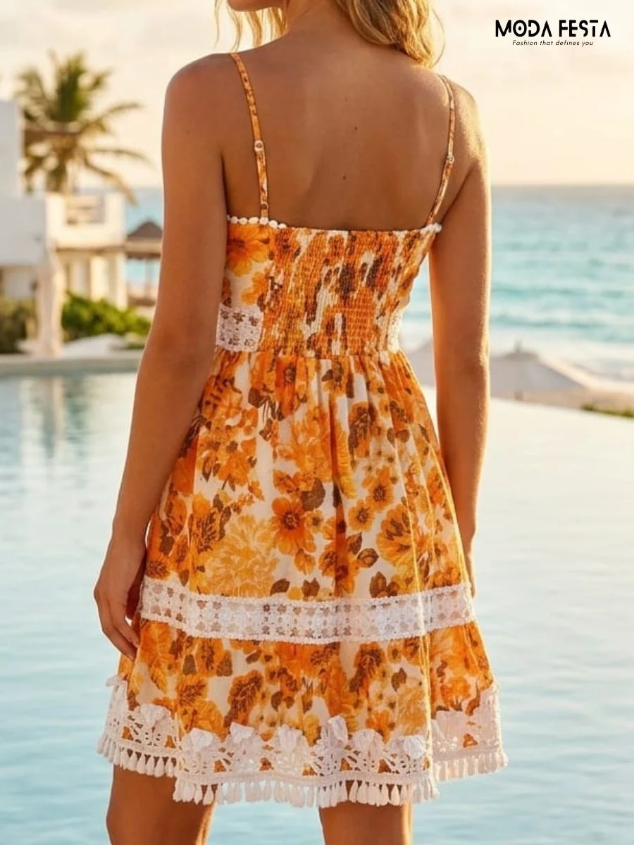 ModaFesta -floral-print-crochet-trim-tassel-mini-dress