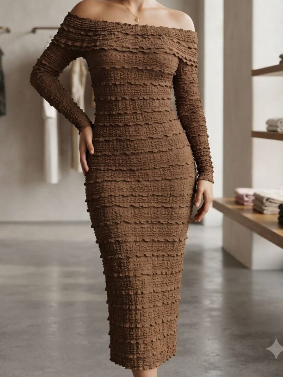 ModaFesta -off-shoulder-bodycon-full-sleeve-strecheble-dress-brown