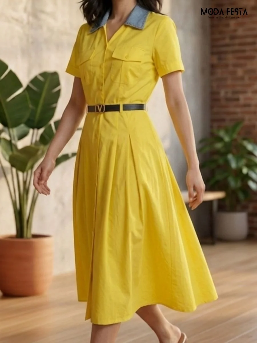 ModaFesta -yellow-button-down-shirt-dress-with-a-denim-collar