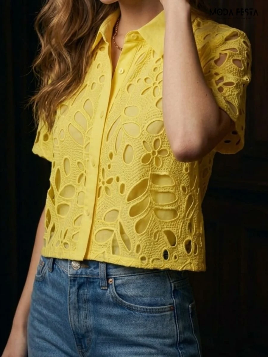 bright yellow floral eyelet button-down shirtbright yellow floral eyelet button-down shirt