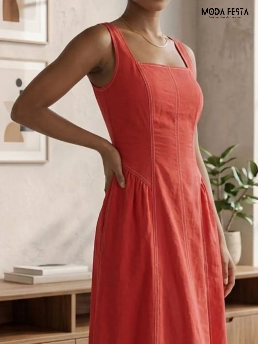 ModaFesta -contrast-stitch-square-neck-midi-dress-red