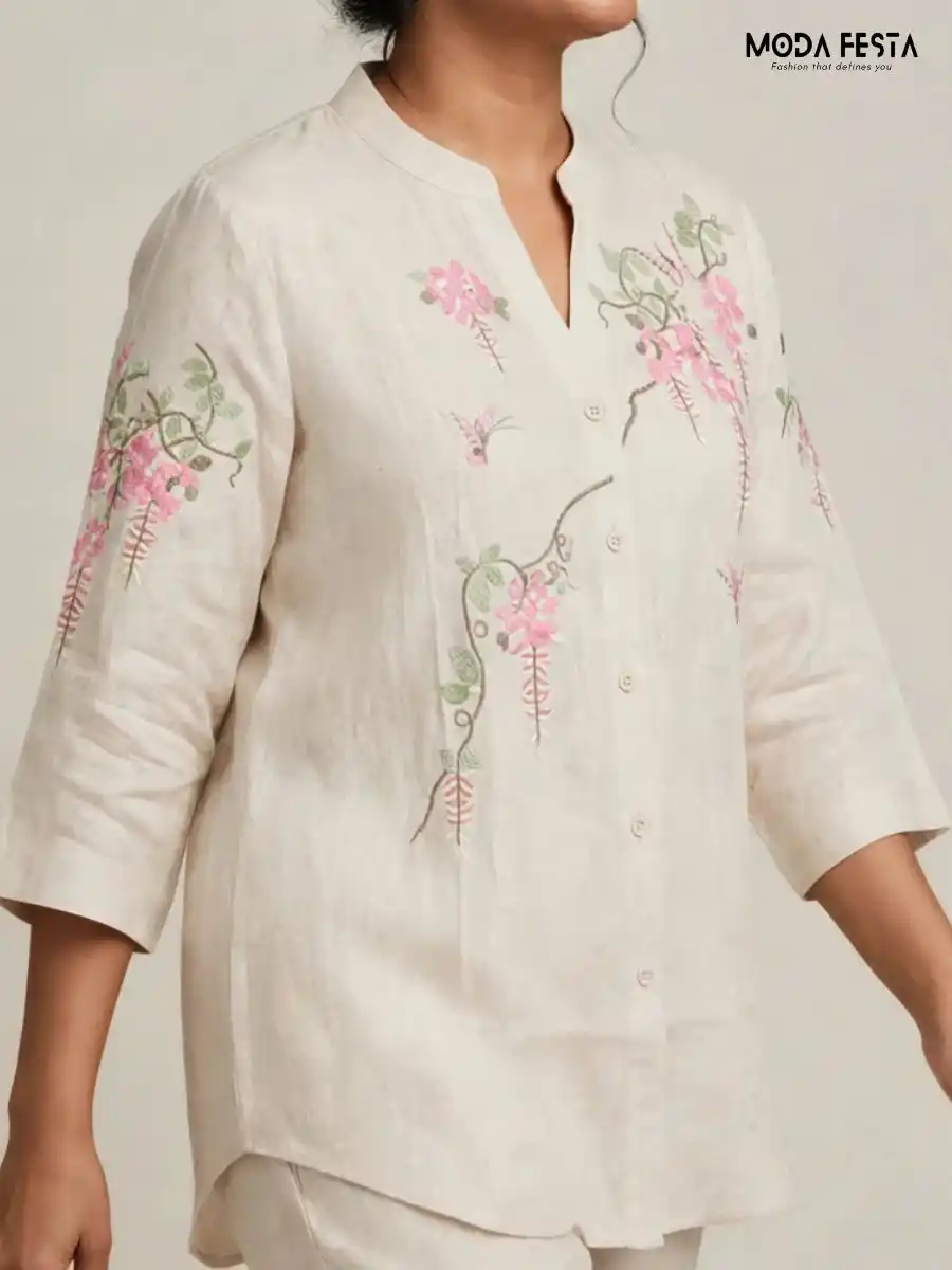ModaFesta -beige-floral-and-butterfly-embroidered-casual-shirt