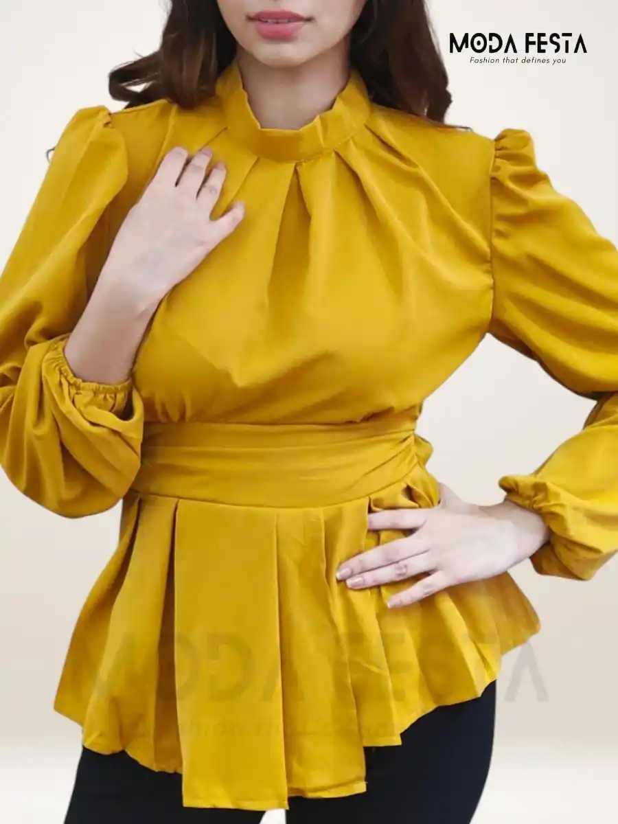 ModaFesta -yellow-high-neck-peplum-top