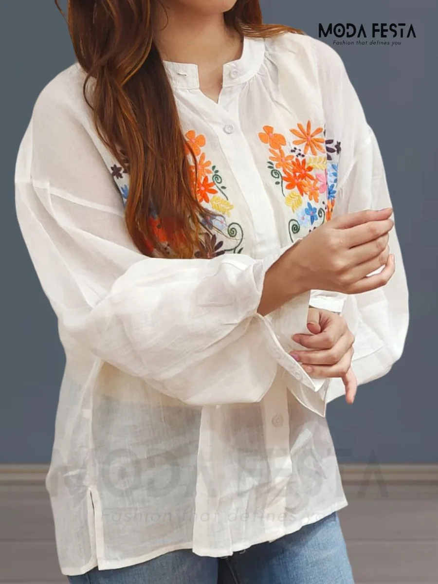 ModaFesta -embroidered-linen-top-white-mid-lenght