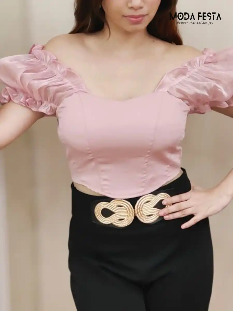 ModaFesta -pink-short-puff-sleeved-crop-party-top