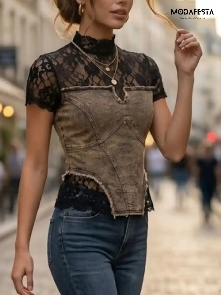 ModaFesta -elegant-denim-corset-lace-high-neck-top-black