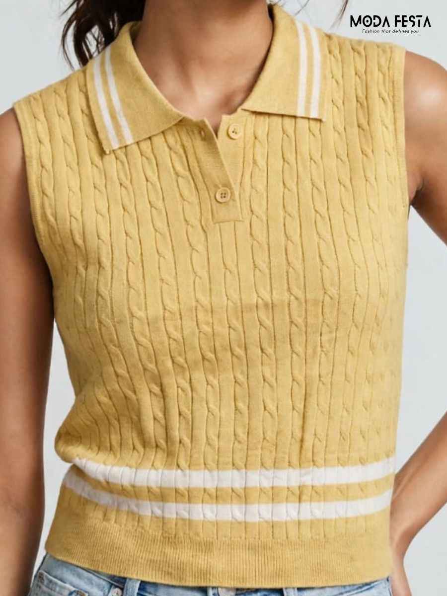 Mustard Yellow & White Striped Cable Knit Sleeveless Polo Top