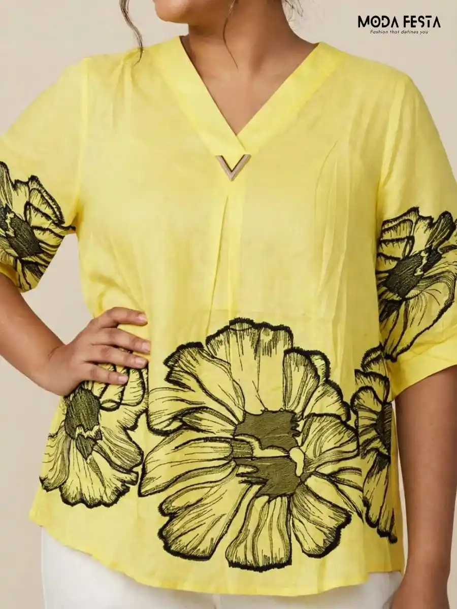 ModaFesta -yellow-oversized-floral-print-top