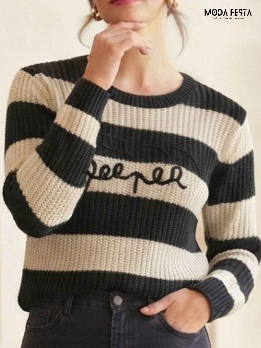 ModaFesta -black-beige-striped-embroidered-knit-top