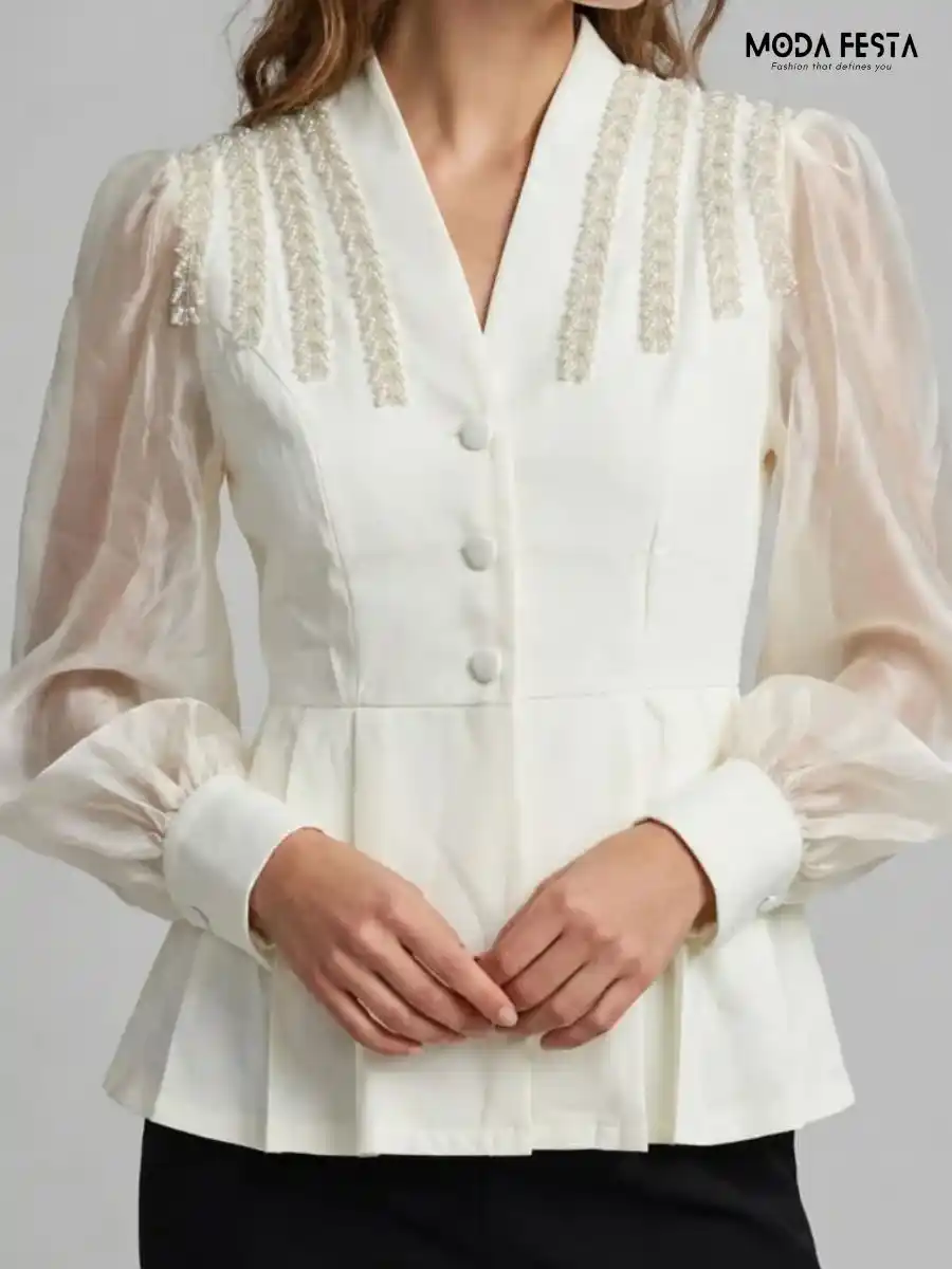 ModaFesta -white-beaded-mandarin-v-neck-organza-sleeve-peplum-top