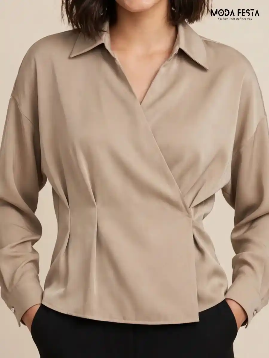 ModaFesta -beige-satin-wrap-style-collared-long-sleeve-top
