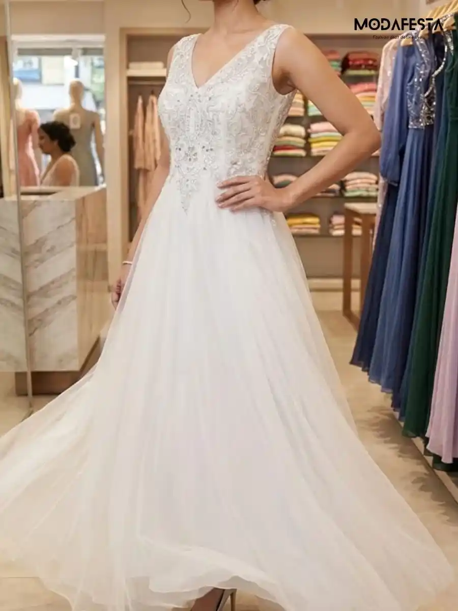 ModaFesta -elegant-v-neck-embellished-a-line-party-gown-white