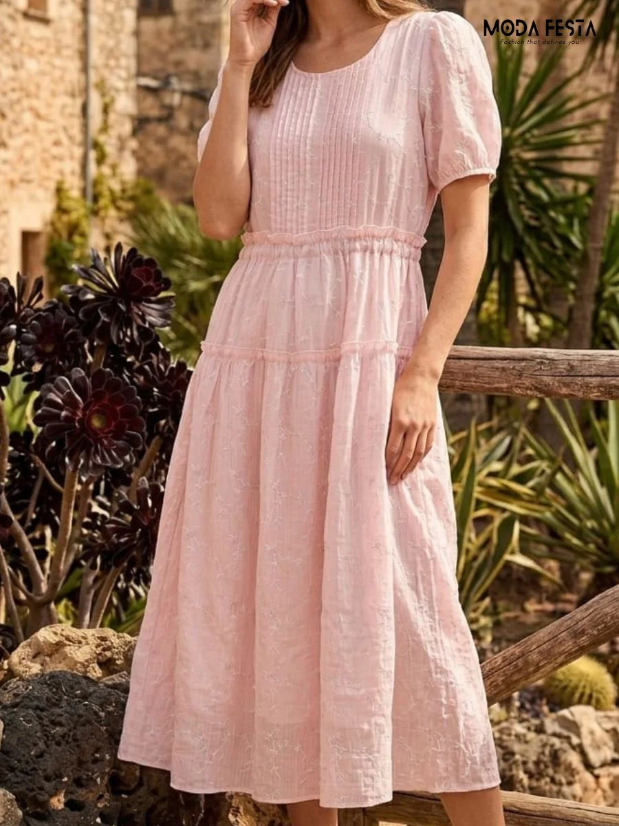 ModaFesta -pink-tiered-midi-dress-with-puff-sleeves