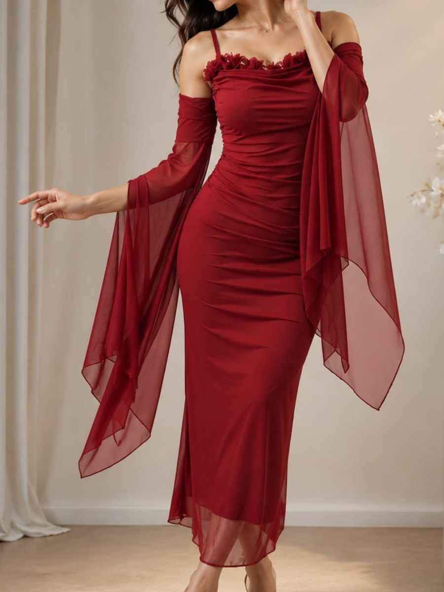 Red Floral Applique Ruched Mesh Maxi Dress with Sleeves