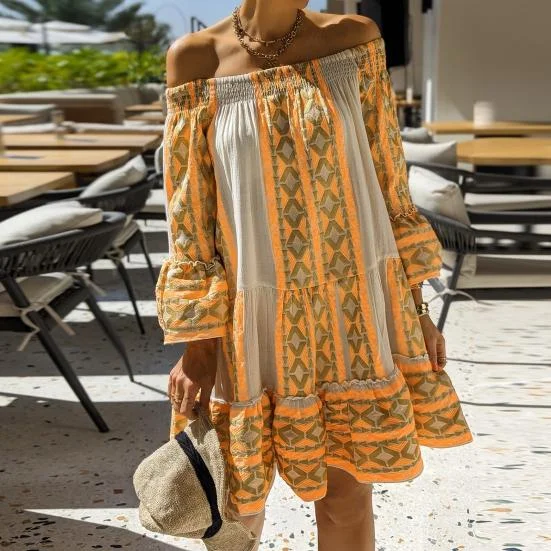 ModaFesta -flared-summer-dress-yellow-geometric-printed