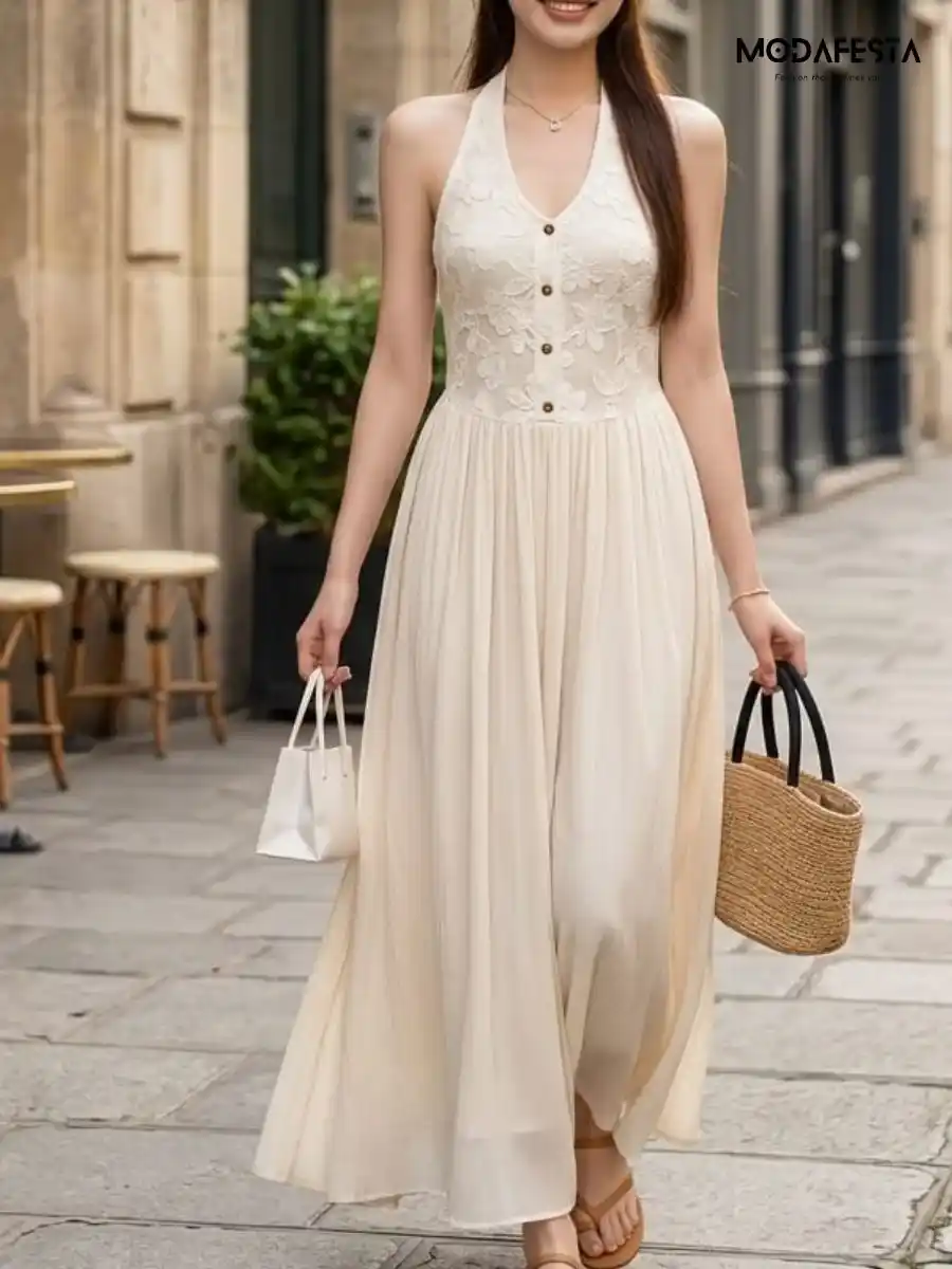 ModaFesta -elegant-floral-lace-halter-neck-maxi-dress-beige