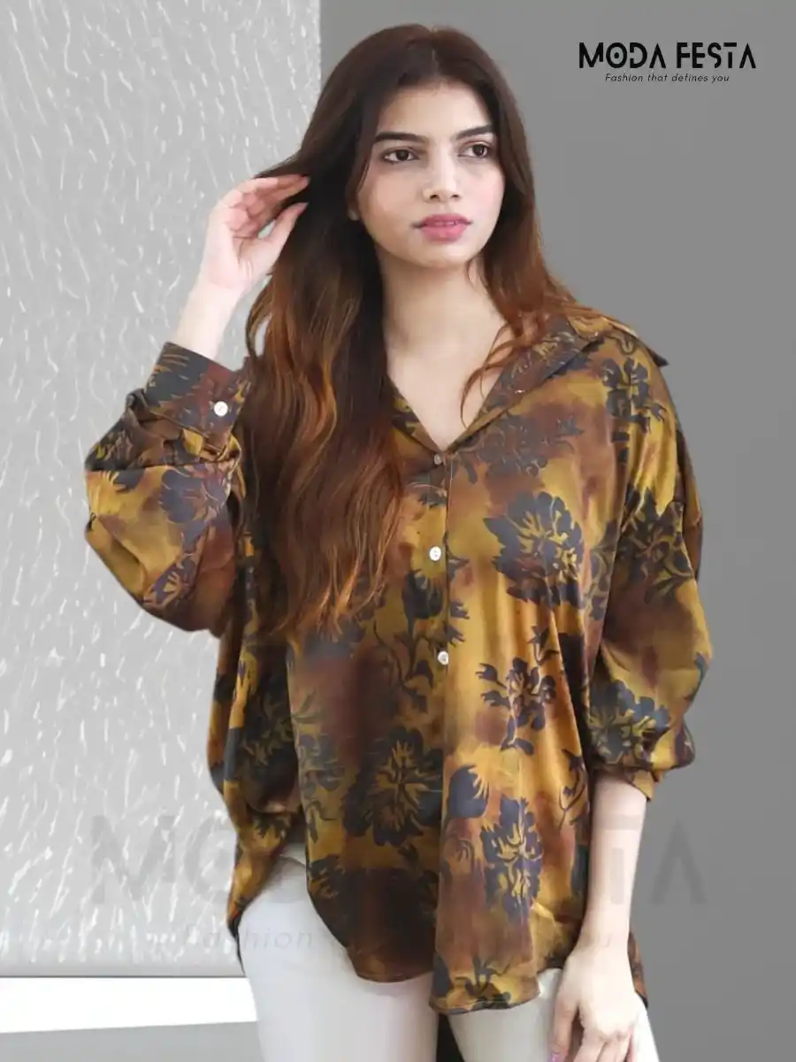 ModaFesta -printed-satin-shirt-mustard-black-for-women