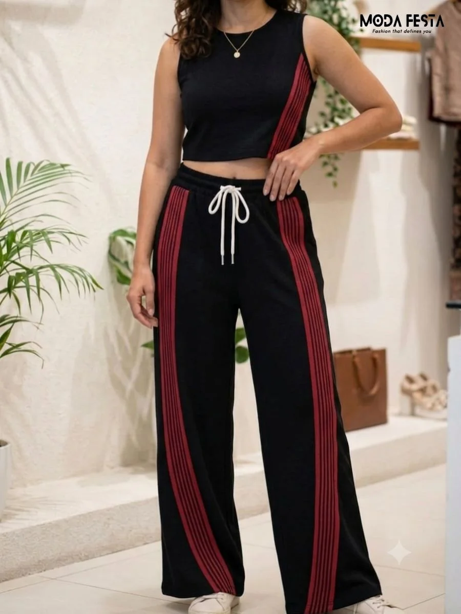 women two-piece co-ord set specifically a black sleeveless crop top paired with matching wide-leg trousers