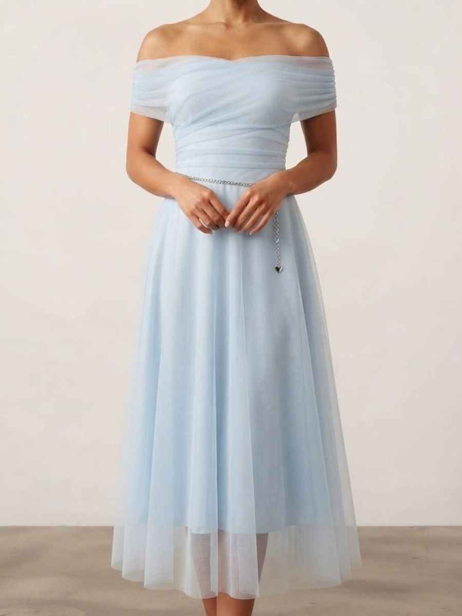Ethereal Sky Blue Off-Shoulder Tulle Midi Dress