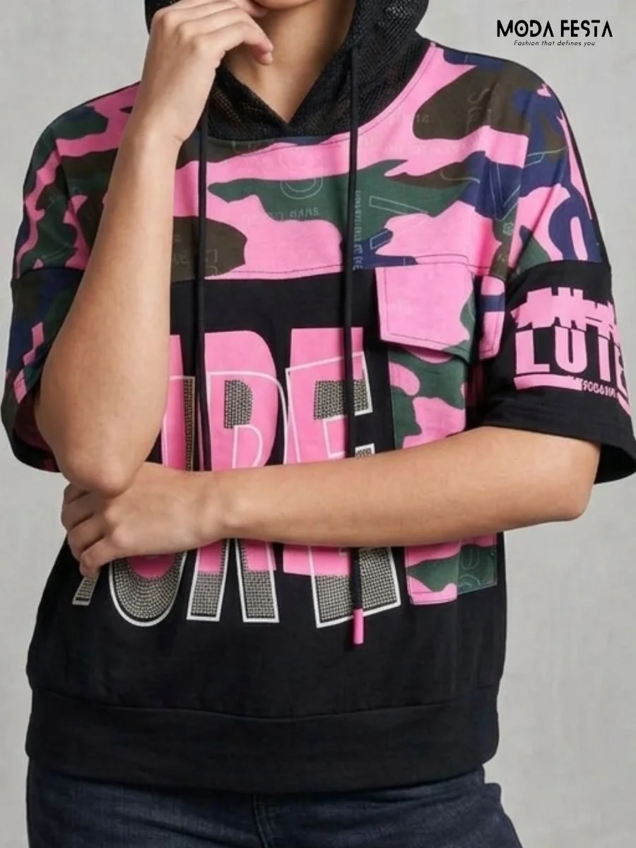 Letter Printed Hoodie Top