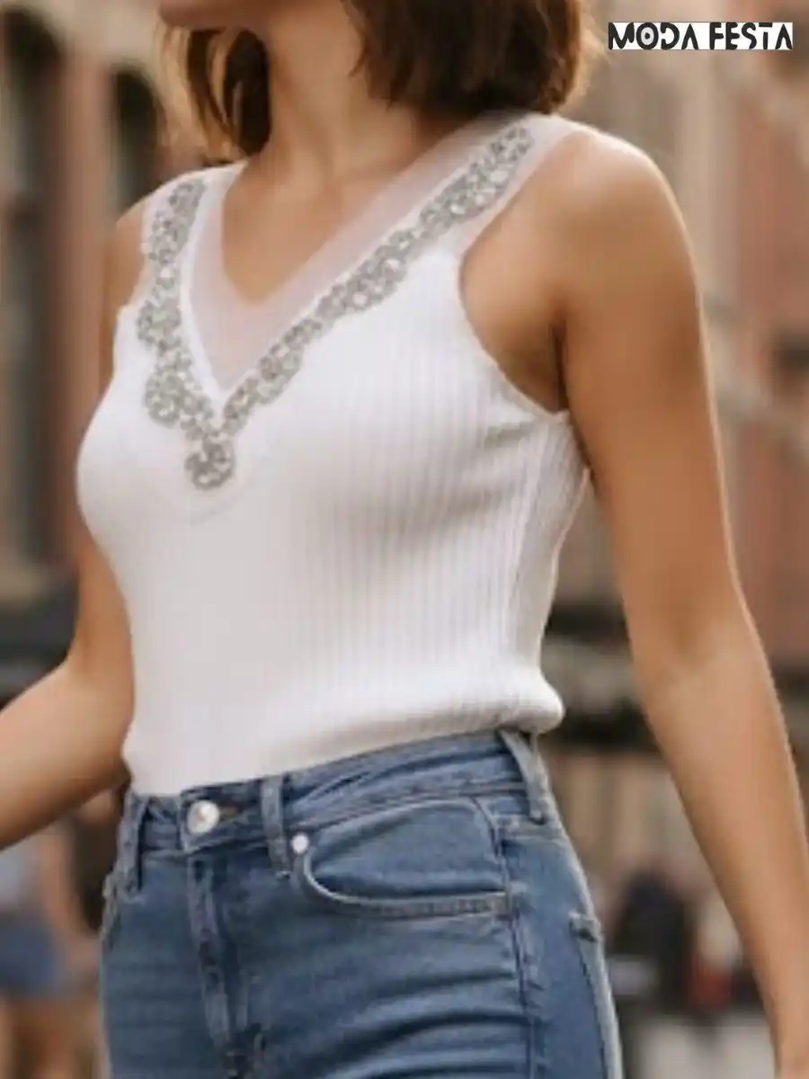 ModaFesta -elegant-crystal-v-neck-top-white