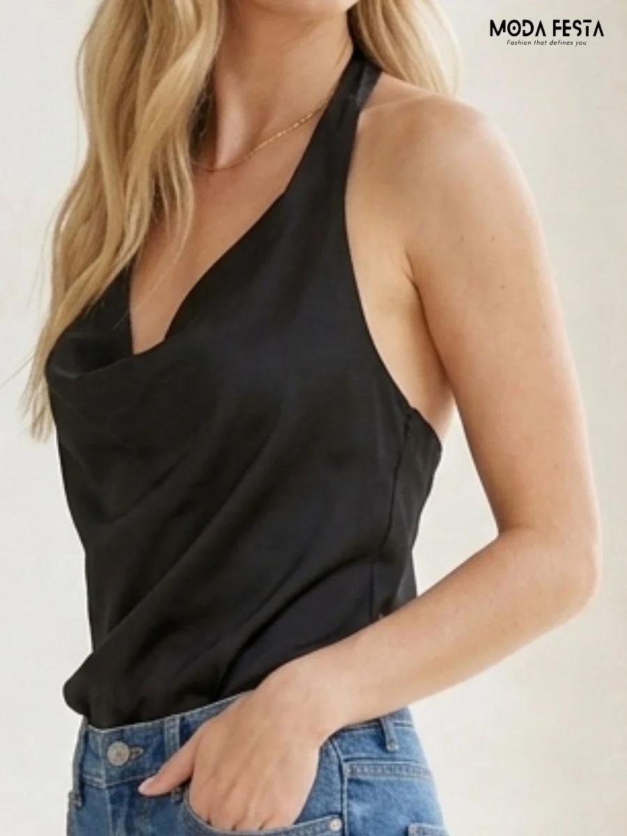 ModaFesta -black-satin-cowl-neck-halter-top