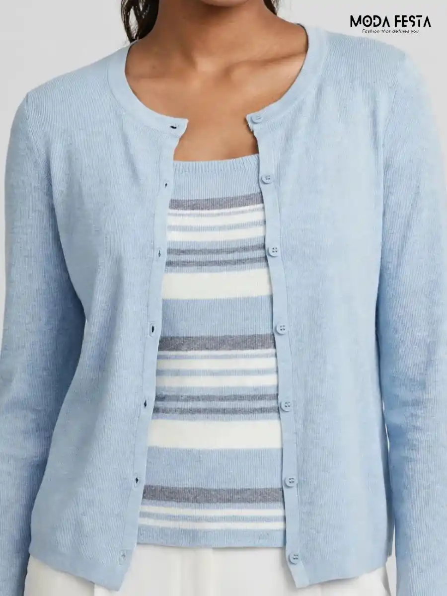 Light Blue Cardigan and Striped Inner Top Co-ord Set