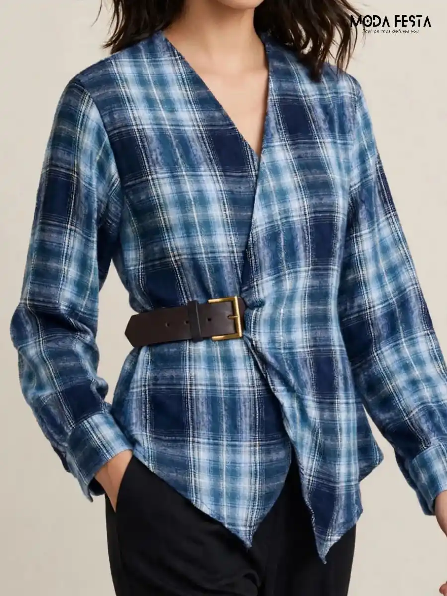 ModaFesta -plaid-v-neck-wrap-top