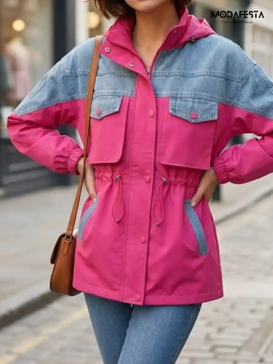 ModaFesta -elegant-denim-with-parachute-fabric-hoodie-jacket-pink