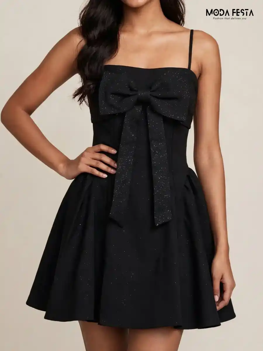 Bow-Detailed Shimmer A-Line Dress