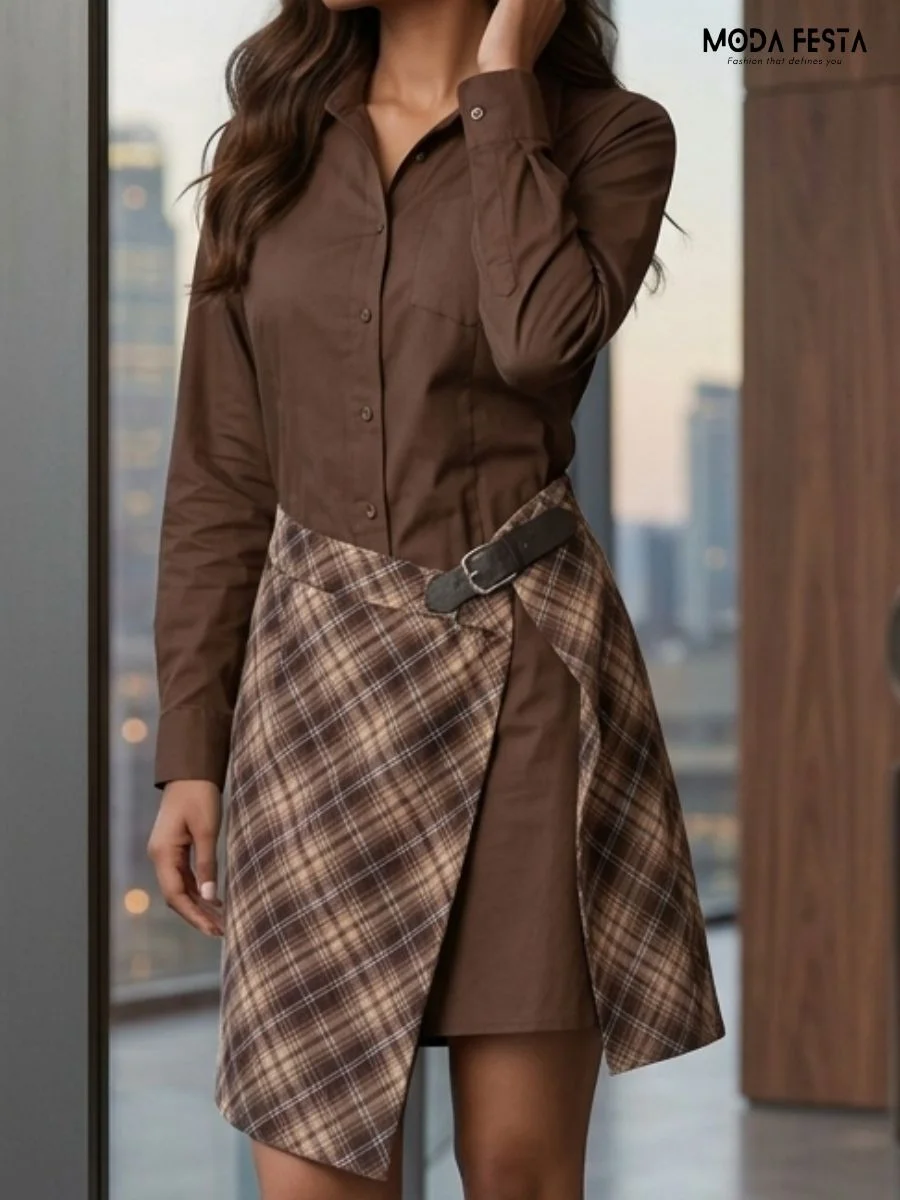 brown shirt dress with a plaid wrap-skirt