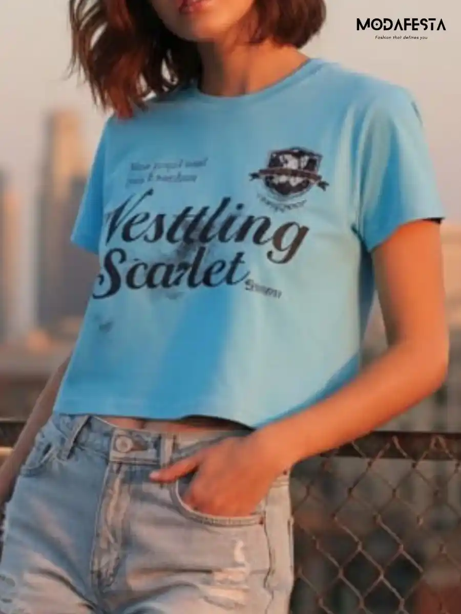 ModaFesta -elegant-lettering-print-crop-t-shirt-sky-blue