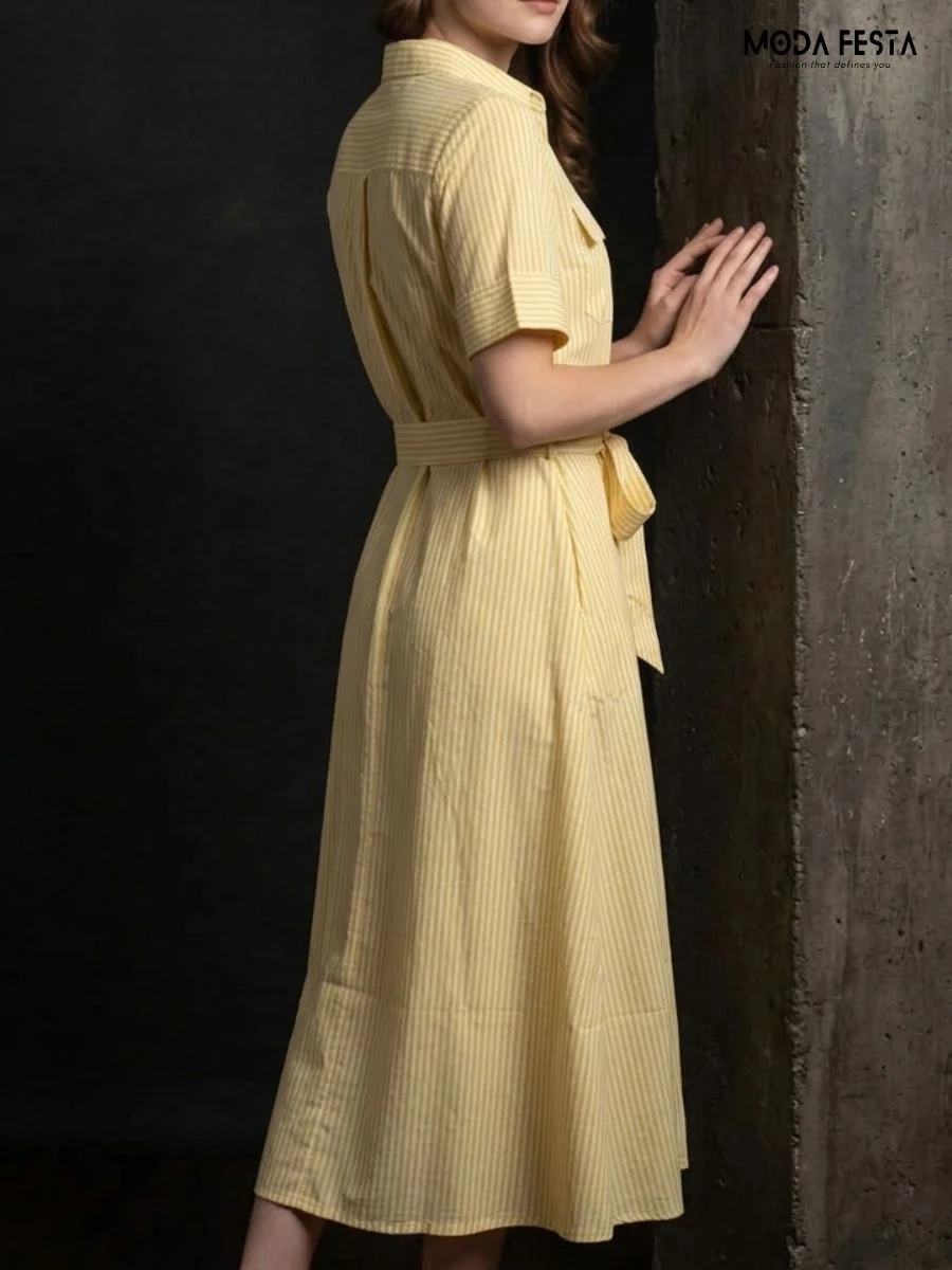 ModaFesta -yellow-and-white-vertical-striped-shirt-dress