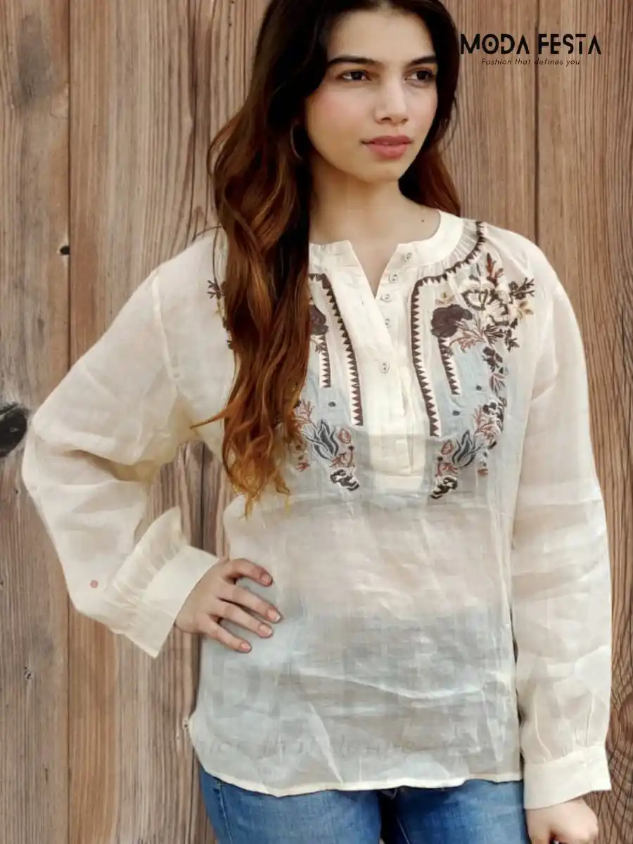 ModaFesta -embroidered-linen-top-beige-mid-lenght